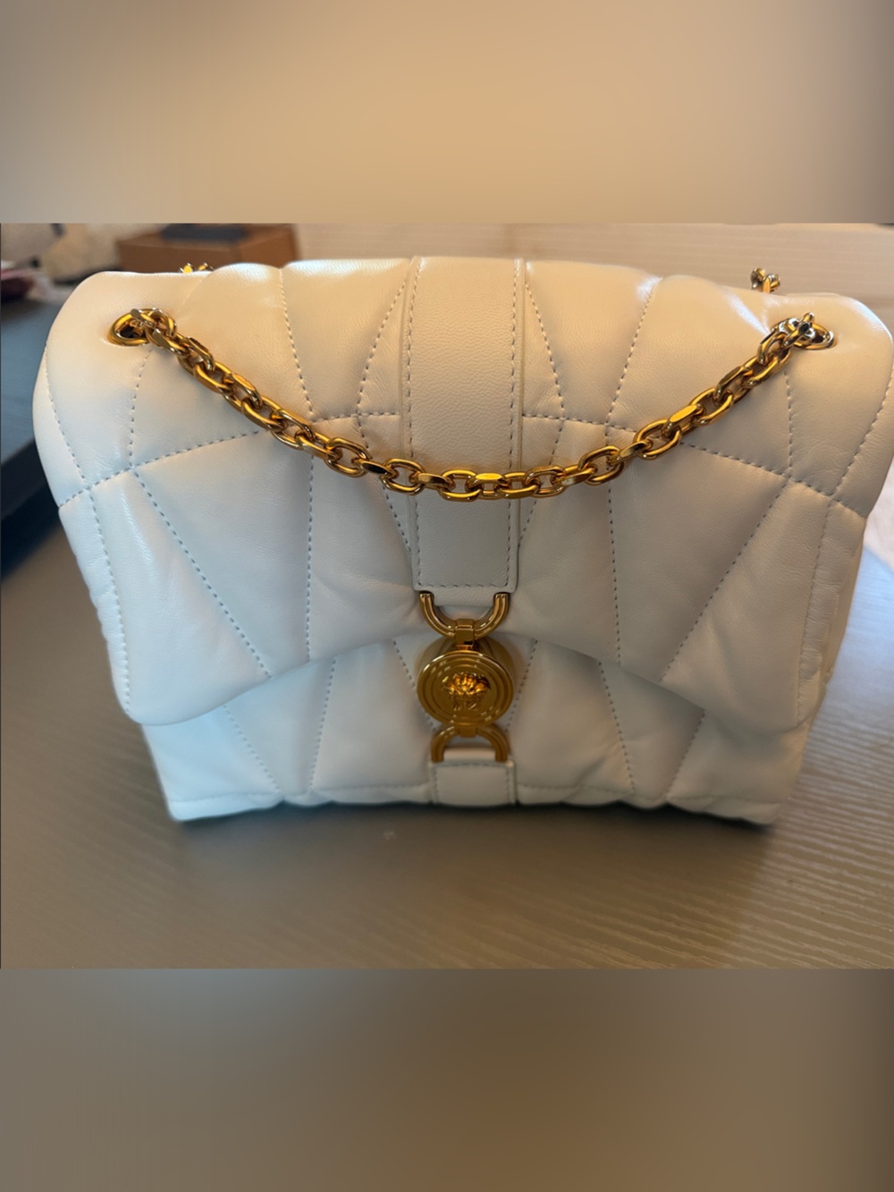 Versace White Quilted Leather Shoulder Tote with Gold Chain